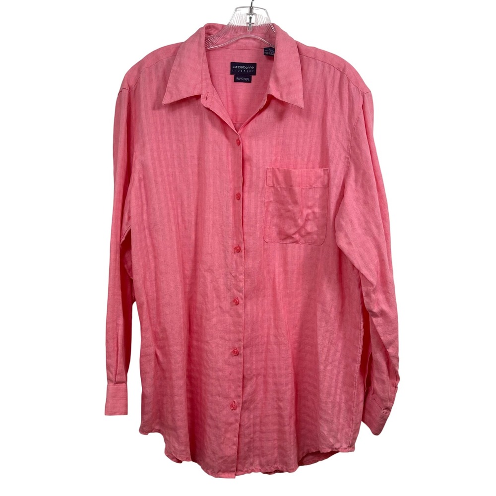 Liz Claiborne Lizsport Pink Irish Linen Button Down Shirt Long Sleeve Large